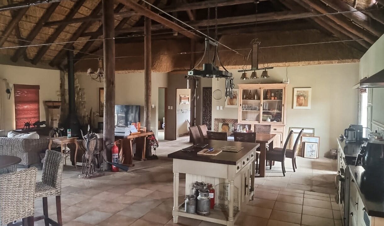 The open-plan farmhouse kitchen and dining area under a thatched roof