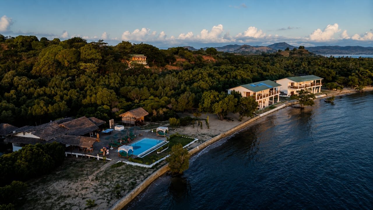 An island lodge from the air