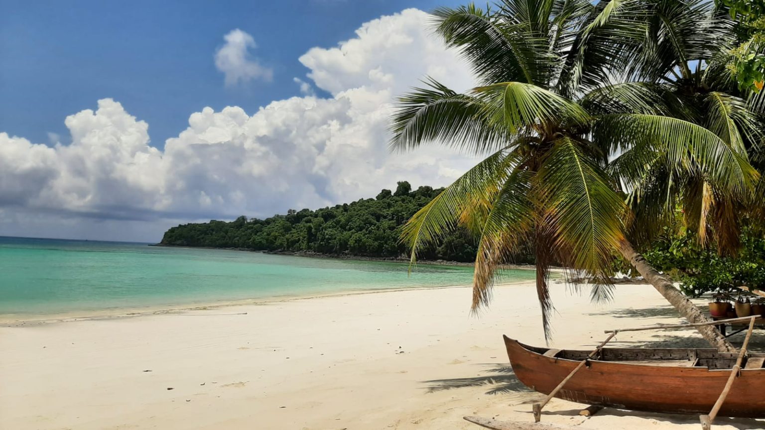 A palm-lined beach on Nosy Be with a pirogue on the sand