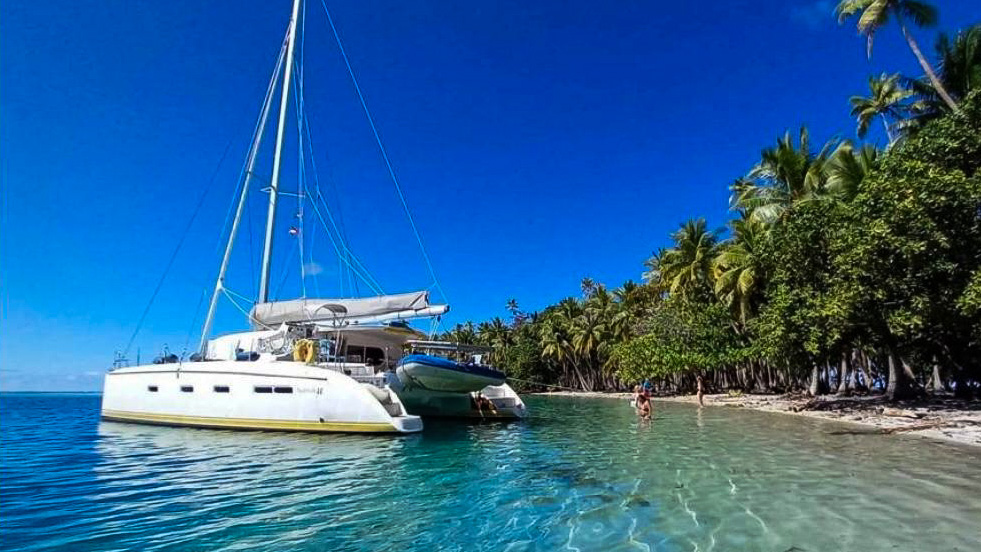 A liveaboard catamaran off a Nosy Be island