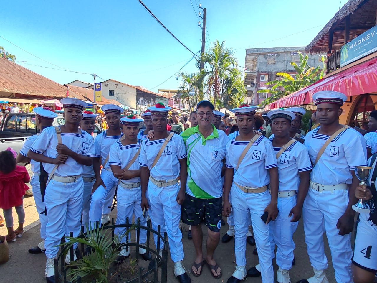 Anthony with local people in a Nosy Be town